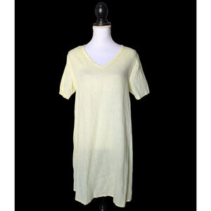 Flax 100% Linen Pale Yellow Lagenlook V Neck Dress Size Small Short Sleeve